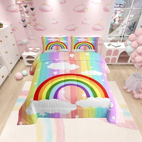 Girls Colorful Stripes Twin Size Comforter Set,Kids Rainbow Decor All Season Bedding Set,Teens Star and Cloud Comforter,Children Dreamy Decor Quilt Set Bedroom Collection 2Pcs
