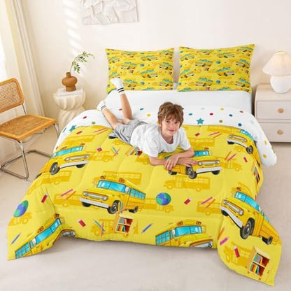 Feelyou School Bus Comforter Set Queen Size Yellow Cartoon Truck Bedding Set for Kids Boys Girls Transport Vehicles Duvet Quilt Bedroom Decor Microfiber 3 Pcs with 2 Pillow Cases