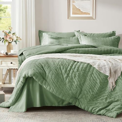 Twin Comforter Set 5 Piece, Sage Green Bed in a Bag Twin Size Bedding Sets