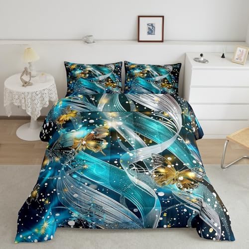 jejeloiu Teal Blue Butterfly Comforter Set Full Size Kids Butterfly Stripe Bedding Set for Boys Girls Teens Glitter Duvet Breathable Animal Quilt Bedroom Decor,1 Comforter with 2 Pillowcase