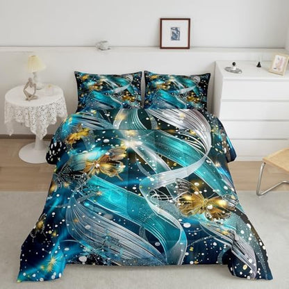 jejeloiu Teal Blue Butterfly Comforter Set King Size Kids Butterfly Stripe Bedding Set for Boys Girls Teens Glitter Duvet Breathable Animal Quilt Bedroom Decor,1 Comforter with 2 Pillowcase