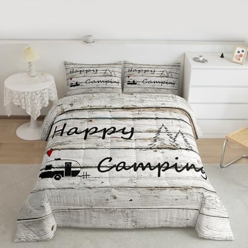 Homewish Happy Camping Comforter Set Farm Farmhouse Bedding Set for Kids Girls Women Adults Wood Rustic Comforter Camper Theme Quilted Duvet Set Bedroom Collection Twin Size 2Pcs