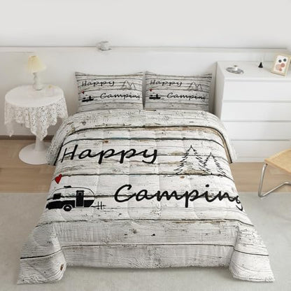 Homewish Happy Camping Comforter Set Farm Farmhouse Bedding Set for Kids Girls Women Adults Wood Rustic Comforter Camper Theme Quilted Duvet Set Bedroom Collection Twin Size 2Pcs