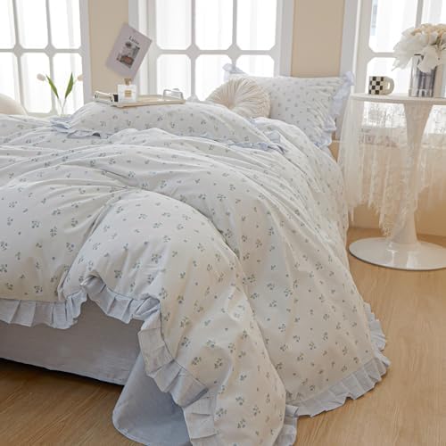LifeTB Blue Floral Comforter Set Boho Ruffle Comforter Set Queen Vintage Garden Floral Bedding Comforter Soft Fluffy Lightweight Bedding Set Girls Cute Flowers Botanical Comforter with 2 Pillowcases