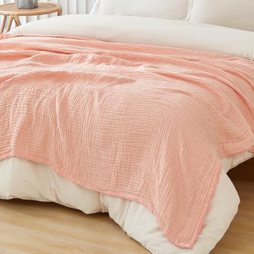 EMME Muslin Blankets for Adults Throw Blanket for Couch Breathable Gauze Soft Lightweight Airy Light Pink Throw XL 50" x 71"