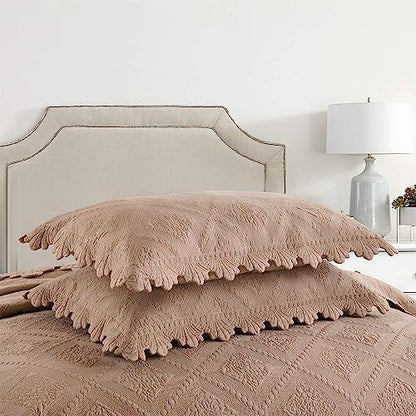 MarCielo 3-Piece 100% Cotton Oversized Bedspread Lightweight Quilt Coverlet Embroidery Farmhouse Bedding Set (TK Pale Taupe Camel, Oversized King (118"x106"))
