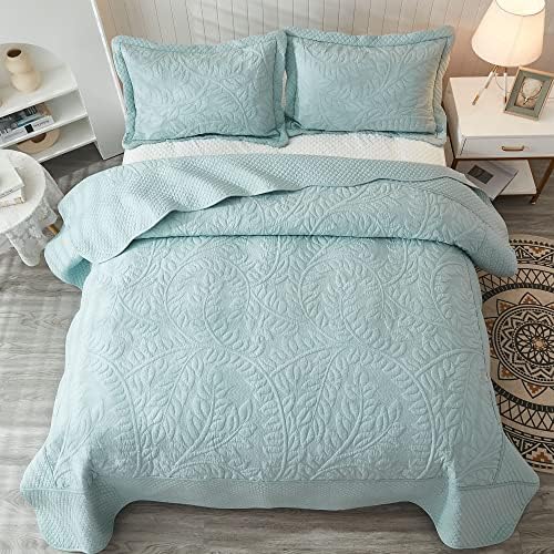 MarCielo 3-Piece 100% Cotton Oversized Bedspread Lightweight Quilt Coverlet Embroidery Farmhouse Bedding Set T0 (Aruba Blue, Oversized Queen (100"x106"))