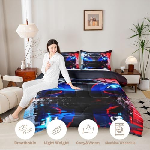 Feelyou Boys Sports Car Bedding Set Soft for Boys Girls, Racing Car Comforter Set Queen Size Extreme Sports Duvet Quilt Microfiber Automobile Bedroom Decor 3 Pcs with 2 Pillow Cases