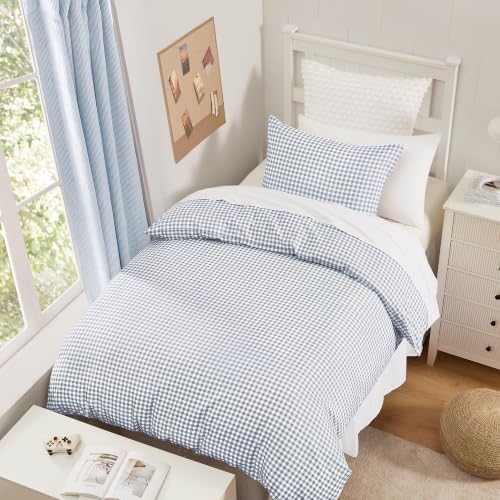Andency Gingham Duvet Cover Twin Size, Misty Blue Checkered Plaid Bedding Set with Zipper Closure & Corner Ties, 2 Pieces Soft Prewashed Microfiber Comforter Cover for Dorm Kids