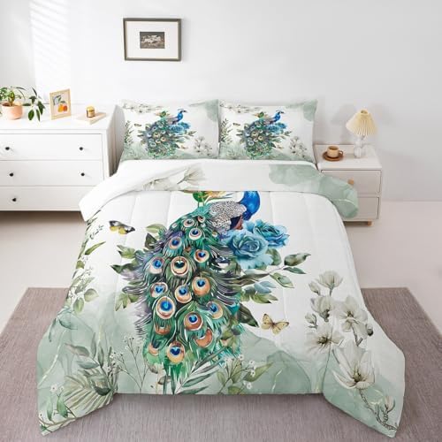 Teens Peacock Comforter Set Queen Size,Butterfly and Floral Bedding Set for Kids Boys Girls Bedroom Decoration,Retro Chinese Style Bed Duvet Insert,Watercolor Feathers Comforter with 2 Pillowcases