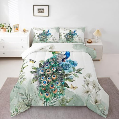 Teens Peacock Comforter Set Queen Size,Butterfly and Floral Bedding Set for Kids Boys Girls Bedroom Decoration,Retro Chinese Style Bed Duvet Insert,Watercolor Feathers Comforter with 2 Pillowcases