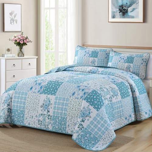 Mybedsoul Blue Patchwork King Size Quilt, Floral Reversible Bedding Set