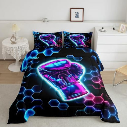 Erosebridal Boxing Gifts Kids Comforter Set | 3D Glitter Gloves Bedding King,Colorful Neon Lights Down Comforter Hexagon Honeycomb Duvet Set for Bedroom