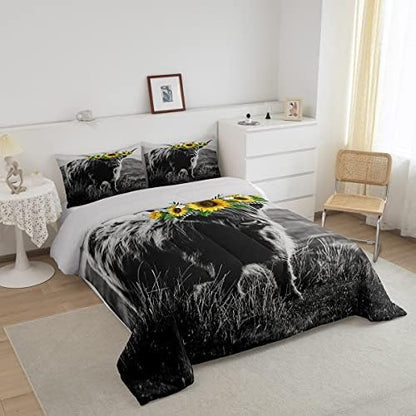 Highland Cow Comforter Set Adult Women Sunflower Cow Print Down Comforter Full Size for Boy Men Bull Cattle with Grey Fur Quilted Duvet Bedroom Decorative Wildlife Farmhouse Cow Bedding Comforters