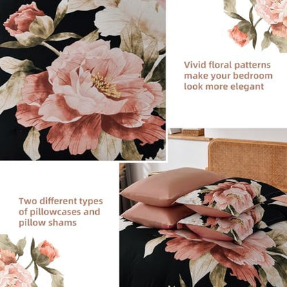 Dobuyly Black Twin Comforter Set 5 Piece Bed in a Bag, Pink Floral Printed on Black Comforter Set with Sheets, Soft Microfiber Botanical Flower Twin Bedding Set for All Season