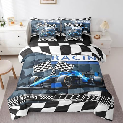 Boys Teens Race Car Comforter Set Bed in a Bag 7 Pieces Twin,Racing Sports Racing Flag Kids Bedding Set,Retro Camouflage Print (Comforter+Fitted+Flat Sheet+2 Pillowcases+2 Throw Pillow Covers)