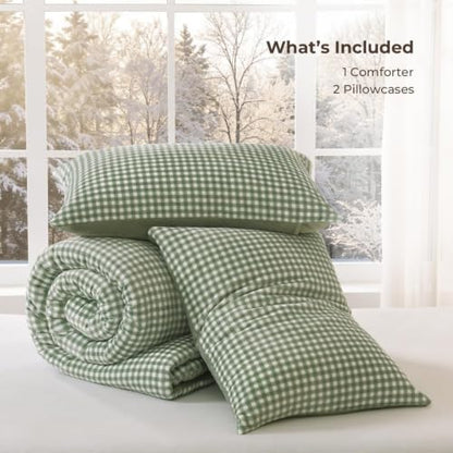 Litanika Velvet Flannel Gingham Comforter Set King, 3 Pcs Sage Blanket