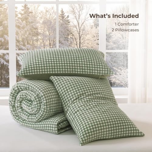 Litanika Velvet Flannel Gingham Comforter Set Queen, 3 Pcs Sage Blanket