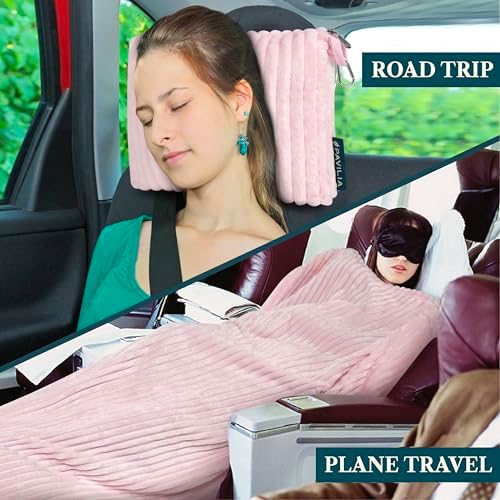PAVILIA Travel Blanket Pillow, Soft Ribbed Fleece Airplane Blanket, Pink