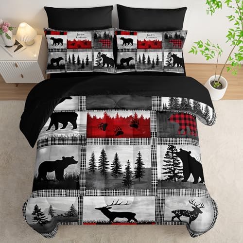 7 Piece Wildlife Bear Deer King Set Comforter，Rustic Cabin King Size Bedding Sets Comforter and Sheets