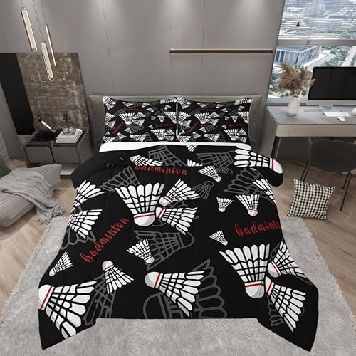 Castle Fairy Badminton King Size Comforter Set,Kids Badminton Sports Decor All Season Bedding Set,Teens Ball Games Comforter,Black White Red Decor Quilt Set Bedroom Collection 3Pcs