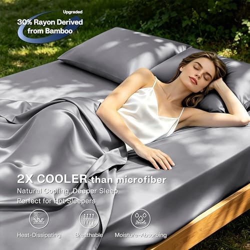 MR&HM Queen Sheets 4 Pieces, Rayon Derived from Bamboo Blend, Silver Grey