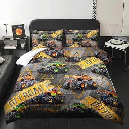 Twin Size Monster Truck Comforter Sets for Boys，Monster Truck Twin Size Bedding Sets Boys，with 1 Comforter with 2 Pillow Case，Kids Monster Truck Themed Bedroom Decor