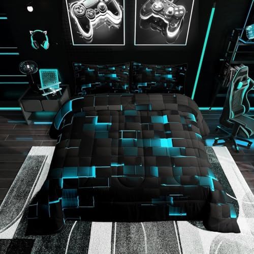 Erosebridal Black Teal Comforter Set Full Neon Turquoise Geometric Checkered Bedding Set for Boys Gaming Room Decor,Teen Men Abstract Stereoscopic Grids Quilt Square Plaid Bed Set 3 Pcs