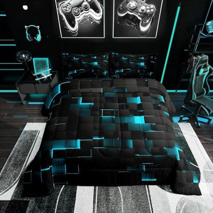 Erosebridal Black Teal Comforter Set Twin Neon Turquoise Geometric Checkered Bedding Set for Boys Gaming Room Decor,Teen Men Abstract Stereoscopic Grids Quilt Square Plaid Bed Set 2 Pcs