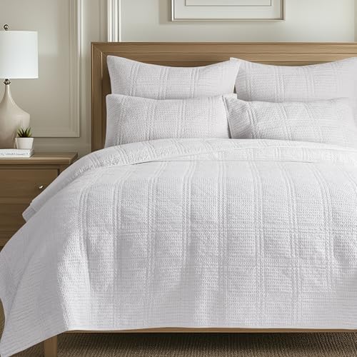 Levtex Home Cloud Waffle Twin XL/Twin Quilt Set (68x86in) with 1 Pillow Sham (26x20in) - Box Quilted Waffle Texture - Bright White - Cotton Twin Size Quilt Bedding Set - Lightweight Soft Pre-Washed