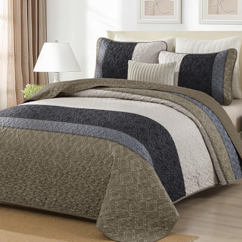 Cottolester Boho Quilt Set Queen,Black Taupe Striped Plaid Coverlet Set