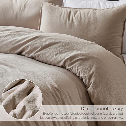 WDCOZY Dark Beige Full Size Jacquard Duvet Cover Set with Zipper Closure, Modern Washed Soft Striped Bedding, Textured Seersucker Like Cotton Linen, 1 Duvet Cover and 2 Pillow Shams, No Comforter