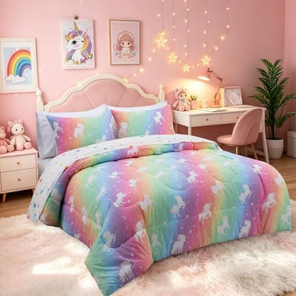 Holawakaka Glow in The Dark Unicorn Kids Twin Comforter Set 5-Pieces