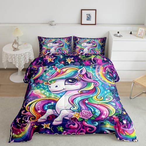 Castle Fairy Kids Unicorn Comforter Queen Size Girly Cartoon Animal Bedding Set Cute Watercolor Unicorn Print Duvet Set Children Boys Girls Unicorns Duvet Set, Rainbow Star Reversible Down Comforter