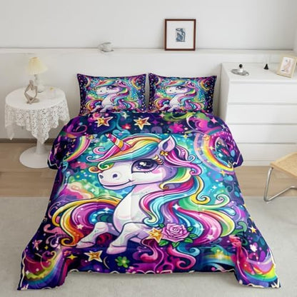 Castle Fairy Kids Unicorn Comforter Full Size Girly Cartoon Animal Bedding Set Cute Watercolor Unicorns Print Duvet Set Children Boys Girls Unicorn Duvet Set, Rainbow Star Reversible Down Comforter