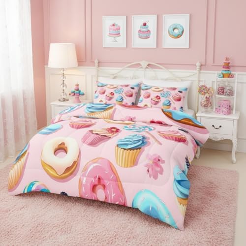 Homewish Donuts Comforter Set Full Size,Cake Sweets Bedding Sets 3pcs for Kids Girls Teens Room Decor,Cartoon Desserts Themed Duvet Insert Sets Pink Gourmet Quilted Duvet Set with 2 Pillowcases