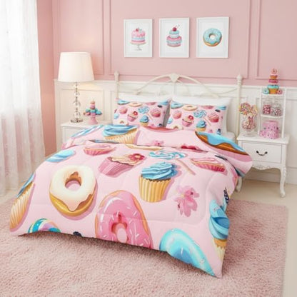 Homewish Donuts Comforter Set Full Size,Cake Sweets Bedding Sets 3pcs for Kids Girls Teens Room Decor,Cartoon Desserts Themed Duvet Insert Sets Pink Gourmet Quilted Duvet Set with 2 Pillowcases