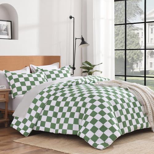 Andency Checkered Comforter Queen, Green White Gingham Plaid Bedding Set