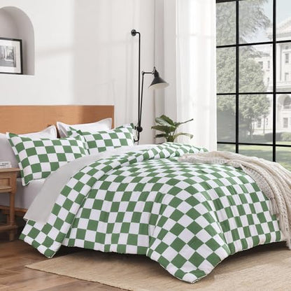 Andency Checkered Comforter Queen, Green White Gingham Plaid Bedding Set