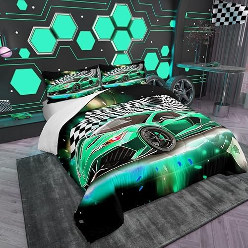 Feelyou Teal Race Car Comforter Set Bedding Full Size for Kids Teens