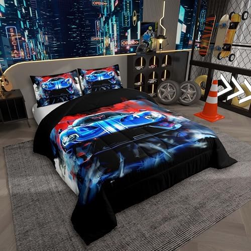 Erosebridal 3 Pieces Race Car Comforter Set King Size Blue Sports Car Bedding Sets for Boy 3D Racing Cars Comforter with 2 Pillowcases,Cool Race Cars Room Decor for Kids Teens,Comfortable and Soft