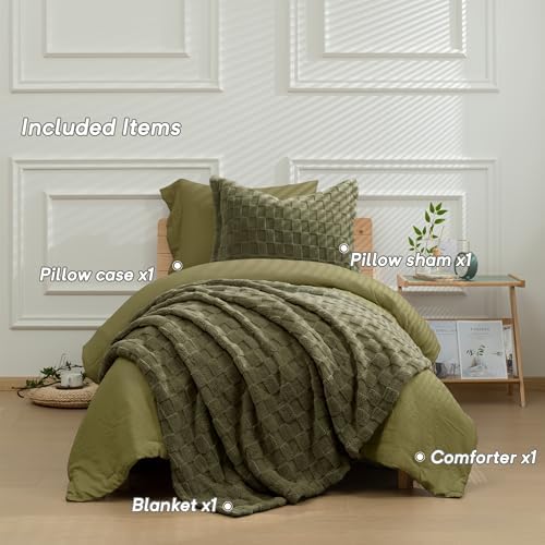 HIG 4pc 2-in-1 Twin-XL Comforter Set with Detachable Fluffy Blanket, Olive
