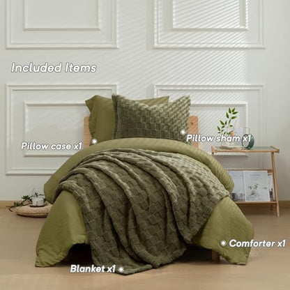 HIG 4pc 2-in-1 Twin-XL Comforter Set with Detachable Fluffy Blanket, Olive