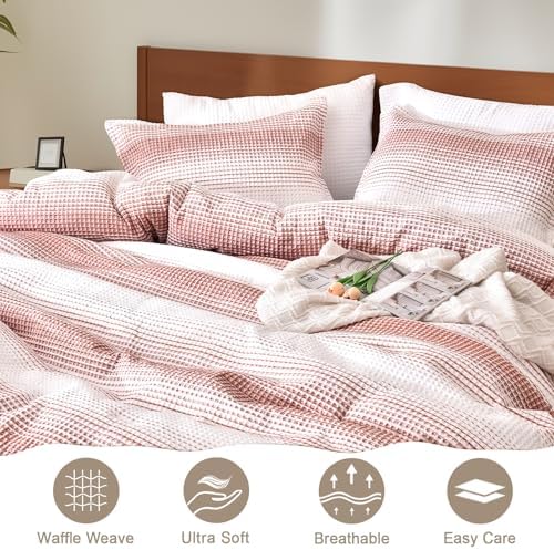 PHF Yarn Dyed Waffle Comforter Set 3 Pieces Queen, White and Brick