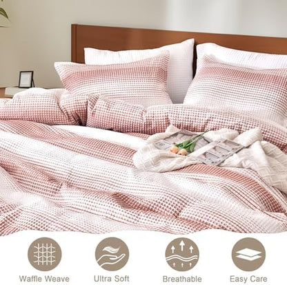 PHF Yarn Dyed Waffle Comforter Set 3 Pieces Queen, White and Brick
