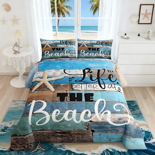 Blue Farmhouse Comforter Set King Size,Lake House Barn Door Bedding Set for Kids Teens Adults Room Decor,Hawaiian Ocean Bedspread Starfish Sea Life Quilted Duvet,2 Pillowcases,Vintage Brown