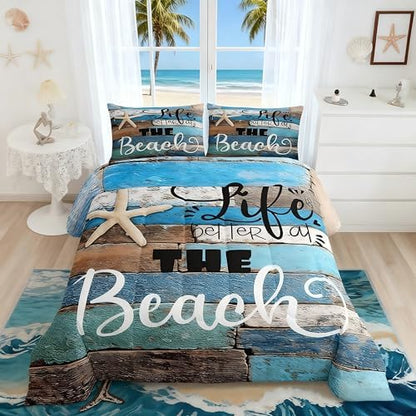 Blue Farmhouse Comforter Set King Size,Lake House Barn Door Bedding Set for Kids Teens Adults Room Decor,Hawaiian Ocean Bedspread Starfish Sea Life Quilted Duvet,2 Pillowcases,Vintage Brown