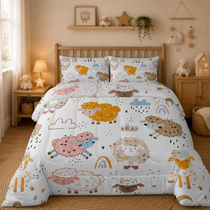 Nttopship Cute Cartoon Sheep Comforter Set Full Size,100% Soft Ultra-Fine Fiber Four Season Cloud Rainbow Comforter Set for Kids with 1 Comforter and 2 Pillow Case