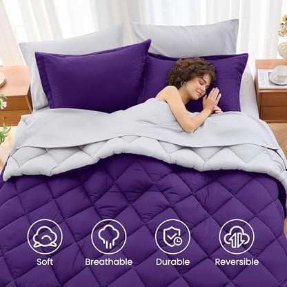 MUXHOMO 7 Pieces Full Comforter Set, Reversible Bed in a Bag Full Size, All Season Bedding Set with Comforter, Flat Sheet, Fitted Sheet, Pillowcases & Shams, Purple & Lavender
