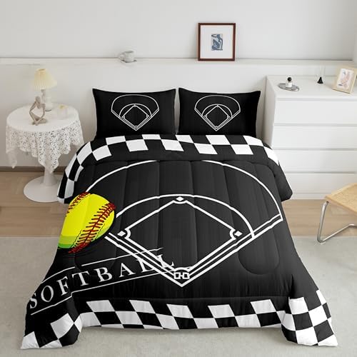 Erosebridal Kids Softball Bedding Set Full for Boys Girls Ball Sports Comforter Set, Black White Softball Field Duvet Insert Geometric Grid Checkered Quilt Set, Ball Game Quilted Comforter